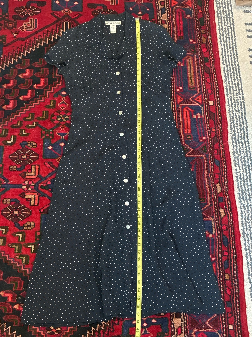 Vintage 90s Jones&Co Navy Polka Dot Midi Dress with back tie - Picture 9 of 13